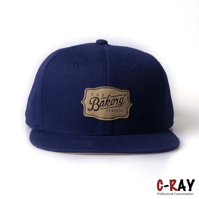 Navy 6 Panel Faux Suede Flat Brim Snapback Cap with Leather Patch