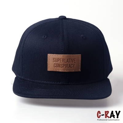High Quality Embossed Real Leather Patch Black 6 Panels Cotton Snapback Cap Hat For Unisex
