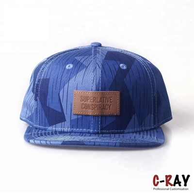 Fashion Customized Blue Flat Bill Snapback Cap With Leather Patch