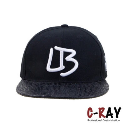 Hip Hop 6 Panel Flat Brim Custom Black Leather brim Snapback Hat