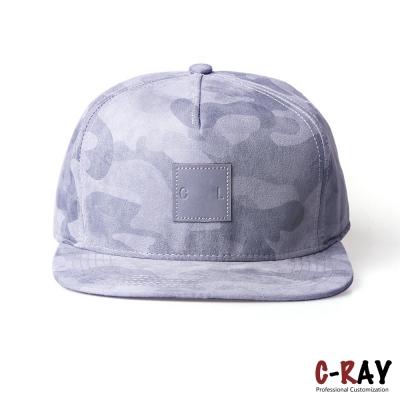 Faux Suede Camo 5 Panels Flat Bill Snapback Cap Hat With Leather Patch