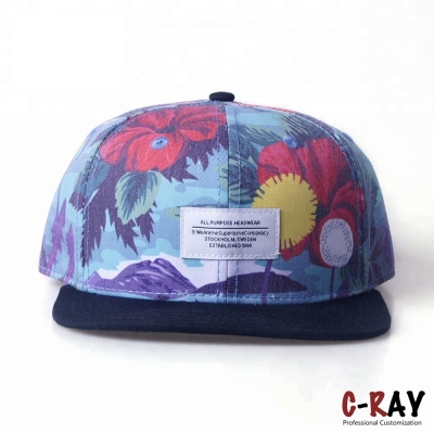 Custom Sublimation Print 6 Panel Flat Brim Floral Hat