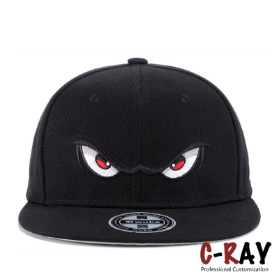 black acrylic snapback cap with embroidery and sticker