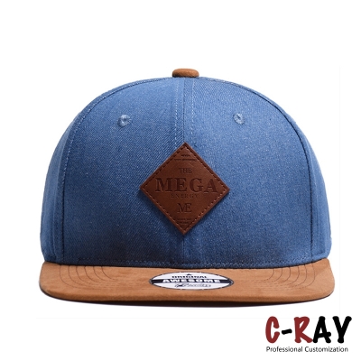 fashion 6 panesl denim material snapback cap with leather patch
