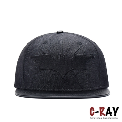 black washed denim snapback cap with 3D embroidery