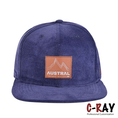 6 panels corduroy material snapback cap with leather patch