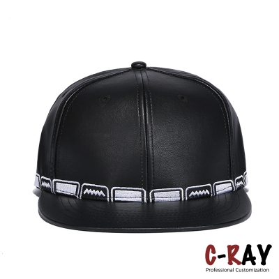 Black Pu Leather Custom Embroidery snapback cap