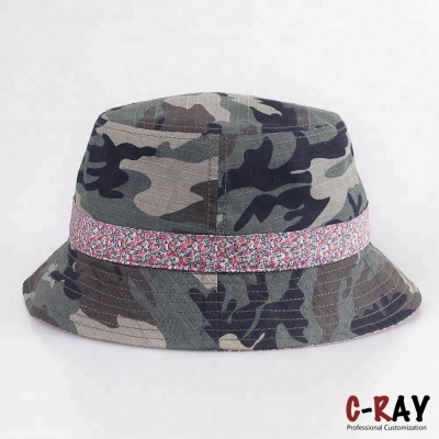 OEM Custom printed camo bucket hat with leather patch designer